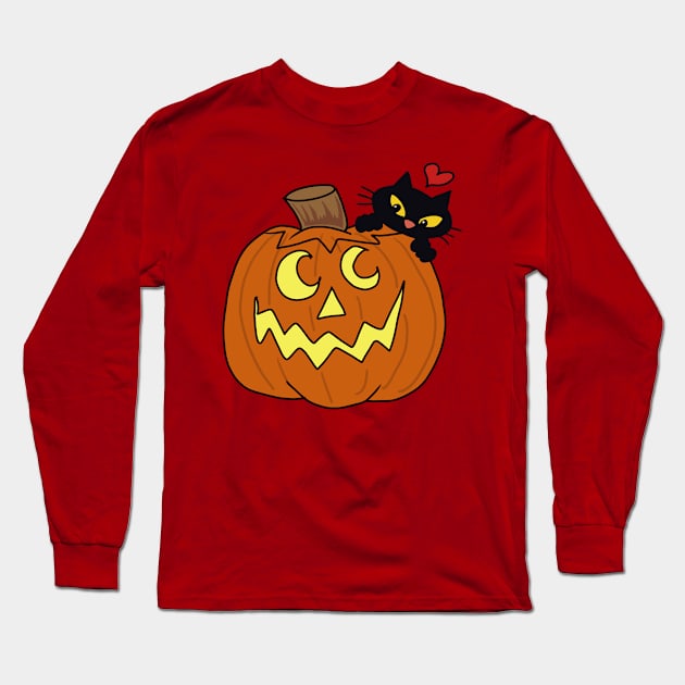 Halloween pumpkin and black kitty Long Sleeve T-Shirt by wolfmanjaq